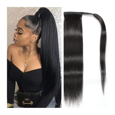 Smooth Wrap-Around Clip-In Ponytail Extensions, Straight Remy Human Hair, Natural Black, 8–24 in (Color)