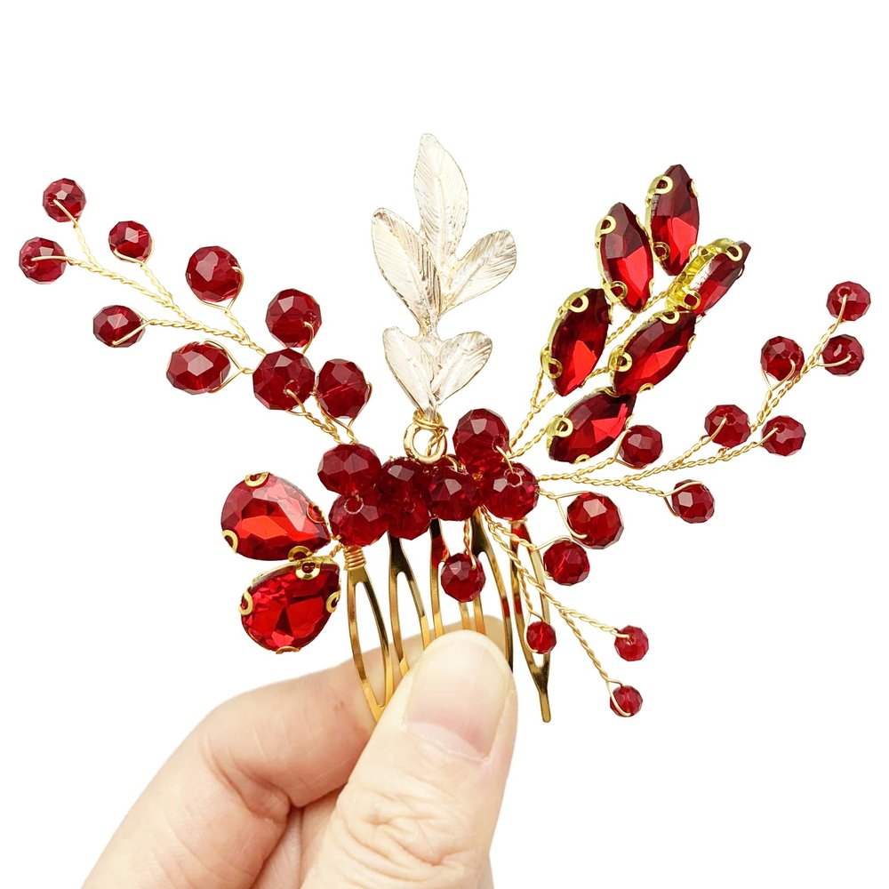 BETITETO Crystal Bridal Hair Comb, Red Rhinestones and Gold-Tone Leaves