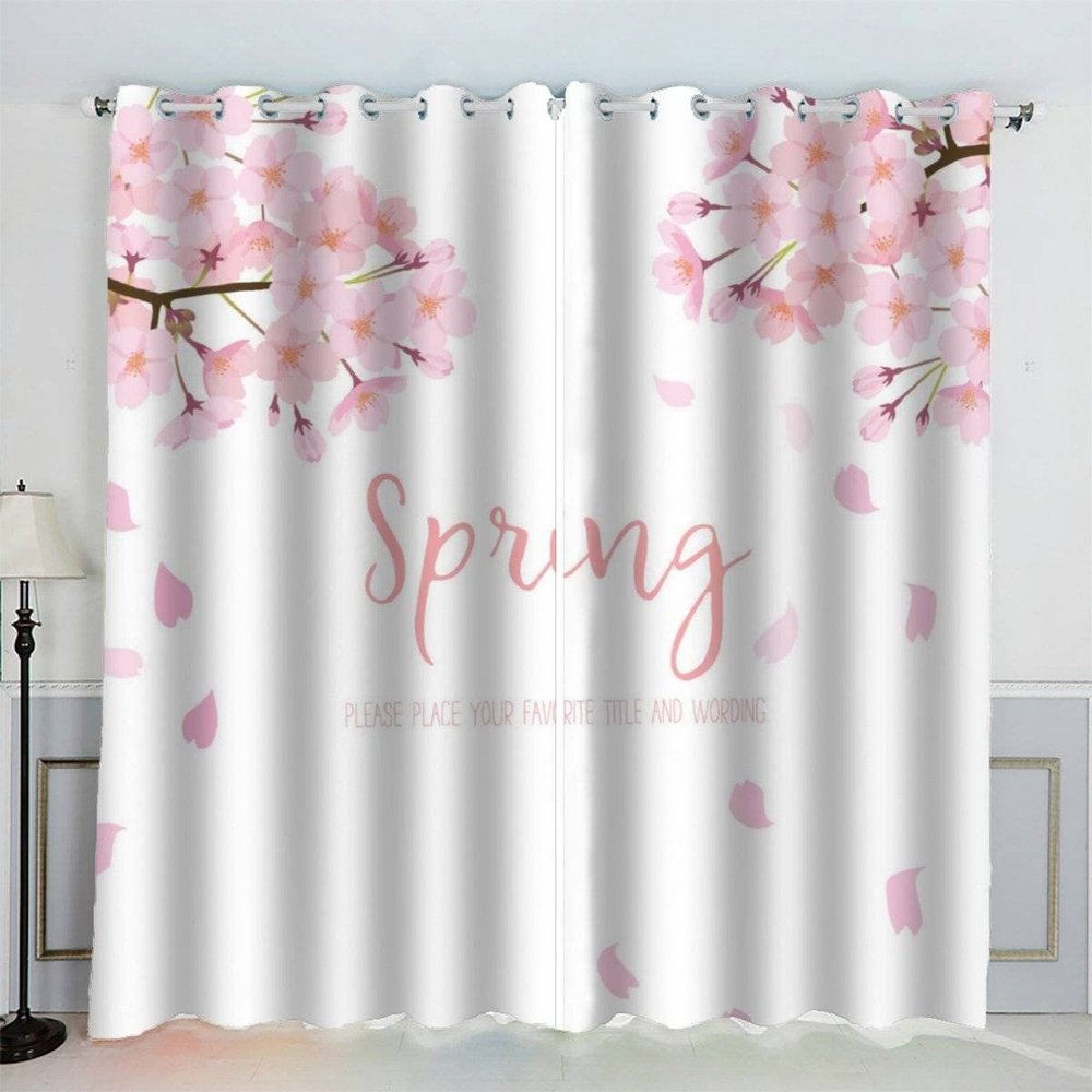 VASENA Cherry Blossom Blackout Curtains, Romantic Pink, 2-Piece Set, 150 x 166 cm