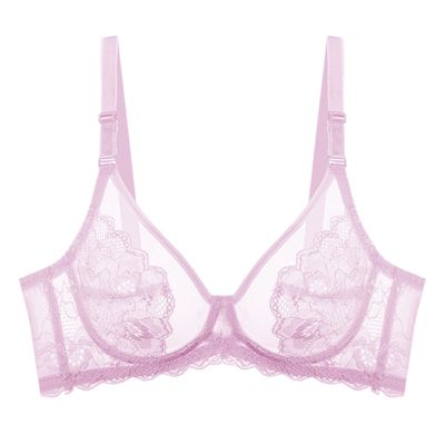 BURUVO Ultra-Thin Sexy Lace Bra for Women, Sheer Black Bra, Pink, 70E