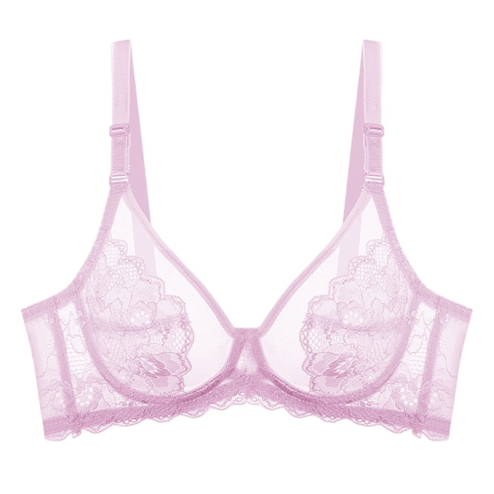 BURUVO Ultra-Thin Sexy Lace Bra for Women, Sheer Black Bra, Pink, 70E