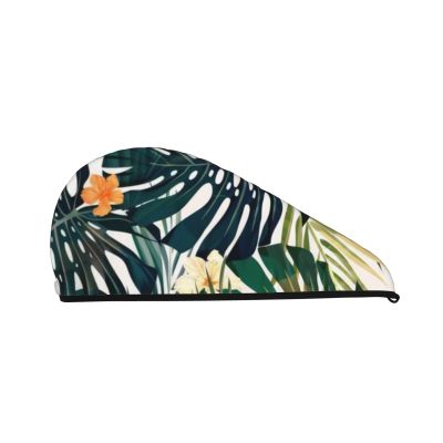 TOPUNY Tropical Summer Hawaii Flower Palm Leaf Printed Absorbent Quick-Dry Hair Cap with Button Design