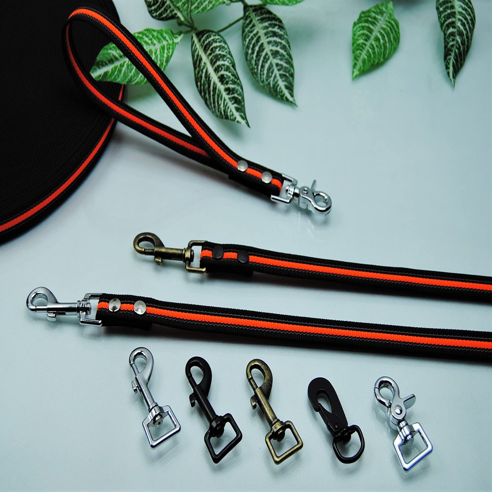 Rubberized Leash Neon Orange 20 mm x 7 m with Loop, Antique Brass Carabiner