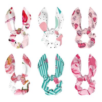 6 Satin Hair Ties with Bows, Pink Camouflage, Bunny Ears