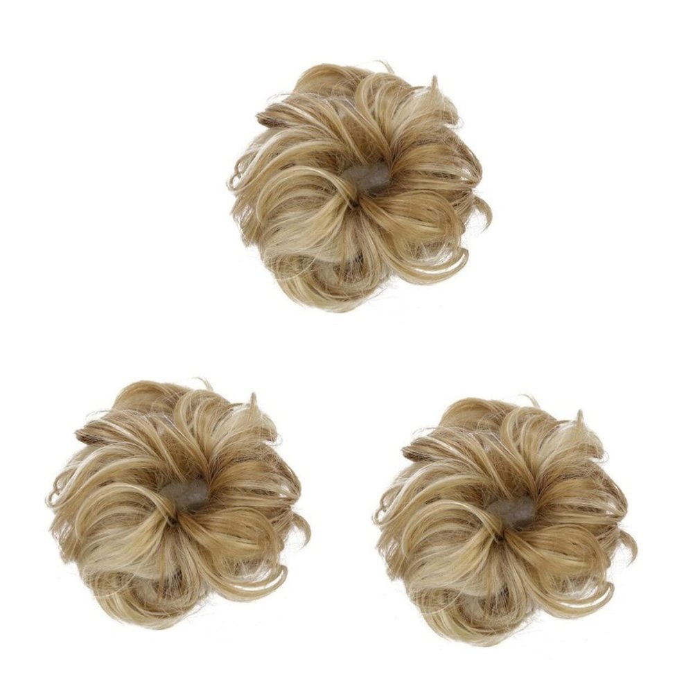 FRCOLOR 3-Piece Women's Fashion Bun Hairpieces with Elastic Scrunchies, Wavy Synthetic Hair Extensions