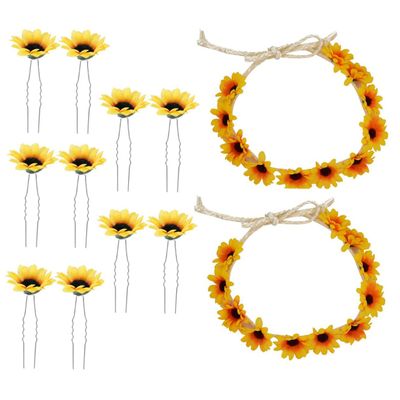 FRCOLOR 2-Piece Sunflower Headband Flower Crown Set with Hair Clips for Beach, Weddings, Parties and Special Occasions