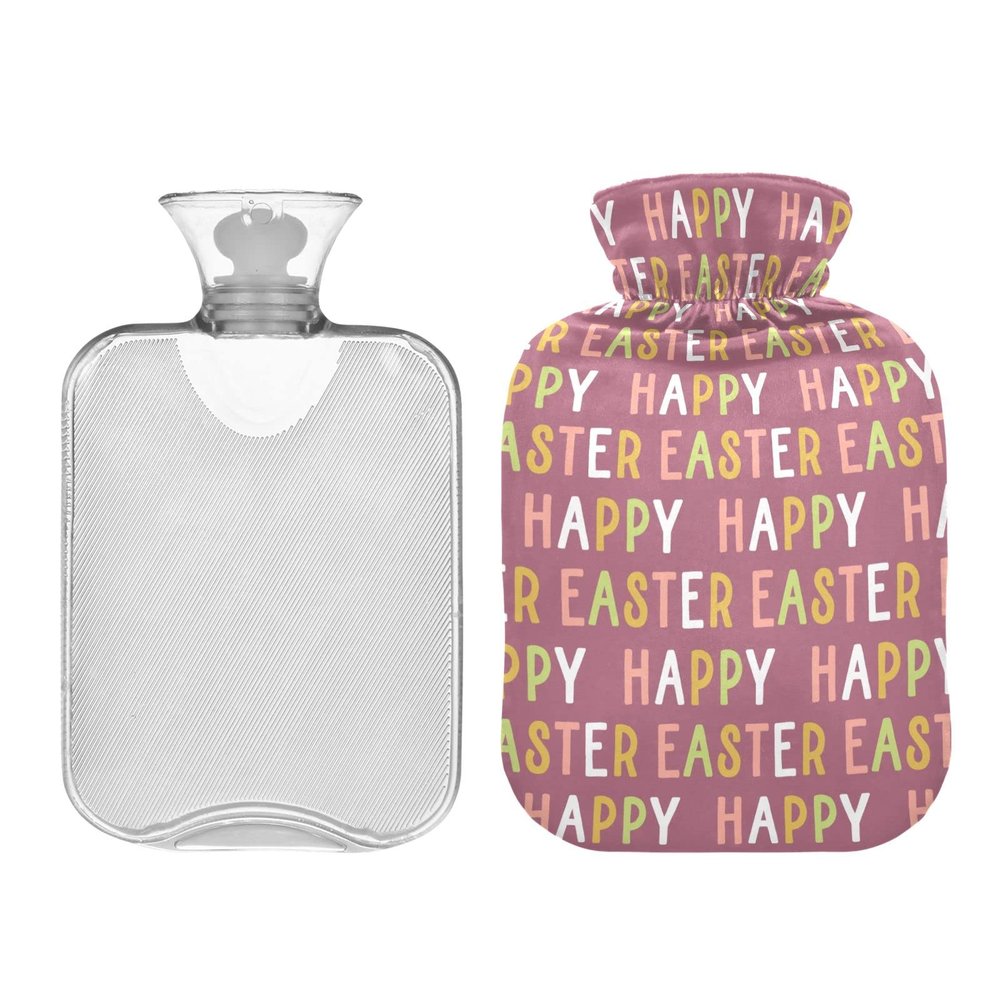 Pink Happy Easter Text Hot Water Bottle with Velvet Cover, 1 L