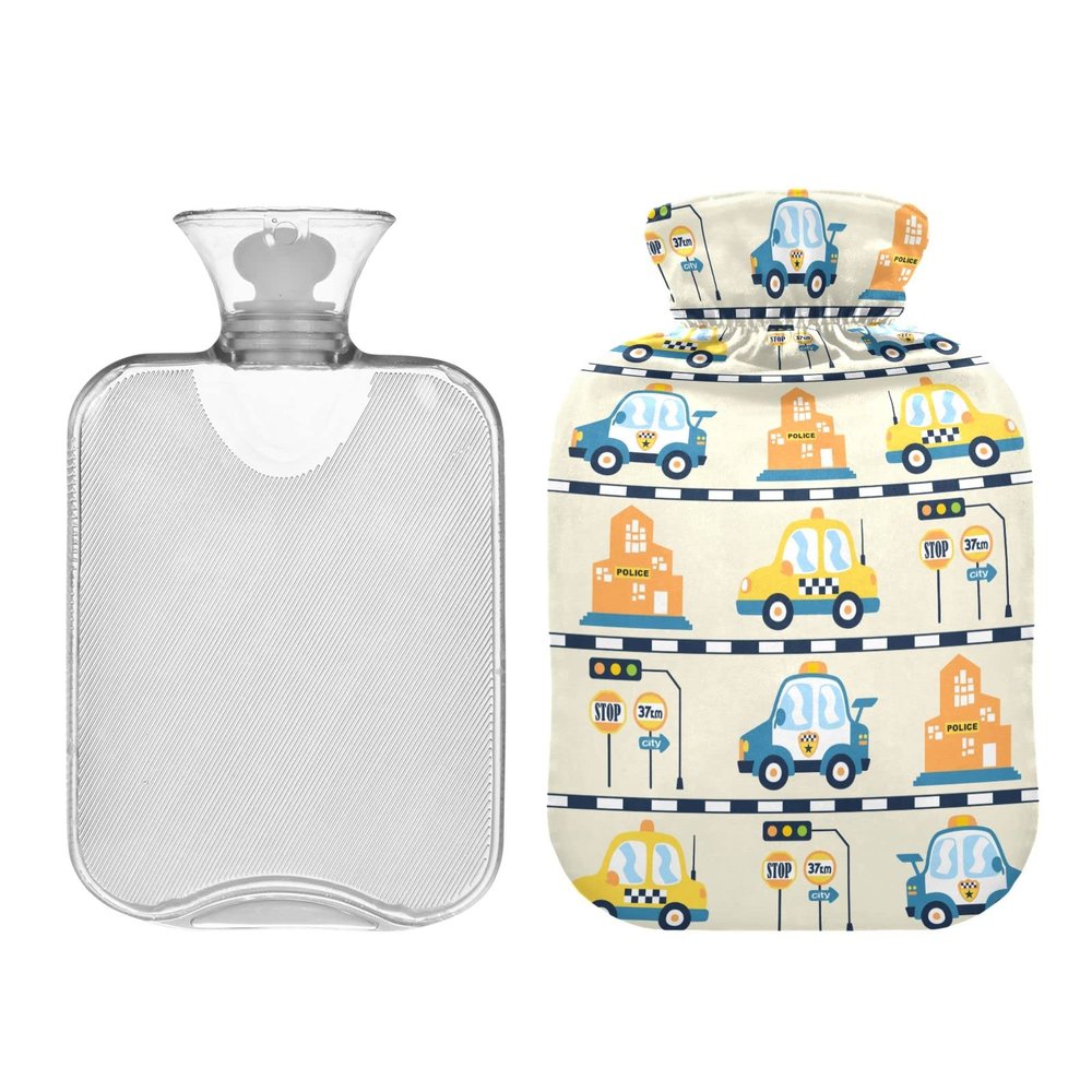 Cartoon Vehicles Hot Water Bottle with Soft Cover, 1 Liter