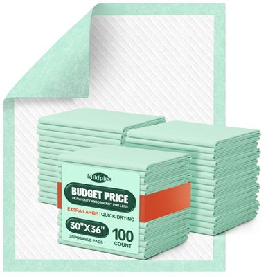 MILDPLUS Disposable Bed Pads, 76.2 x 91.4 cm, Extra-Large and Durable, Waterproof, Green, 100 Count