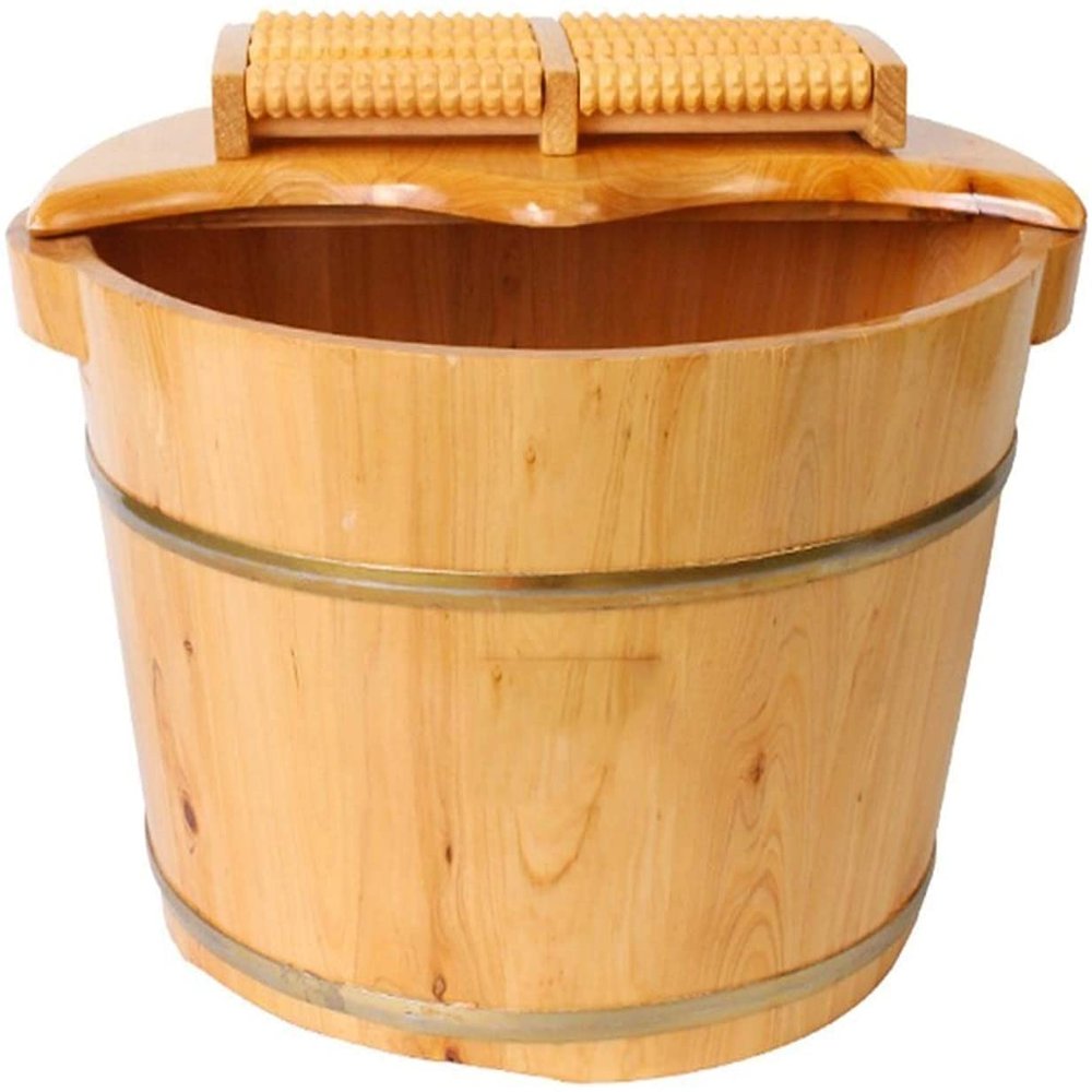FLBT Wooden Foot Bath Bucket with Massager and Cover