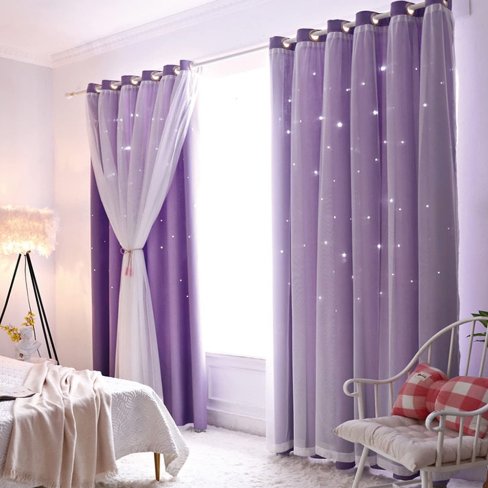 iyoimono 2-Piece Star Girls' Blackout Voile Curtains, Purple Gradient, 160 × 132 cm (H × W)
