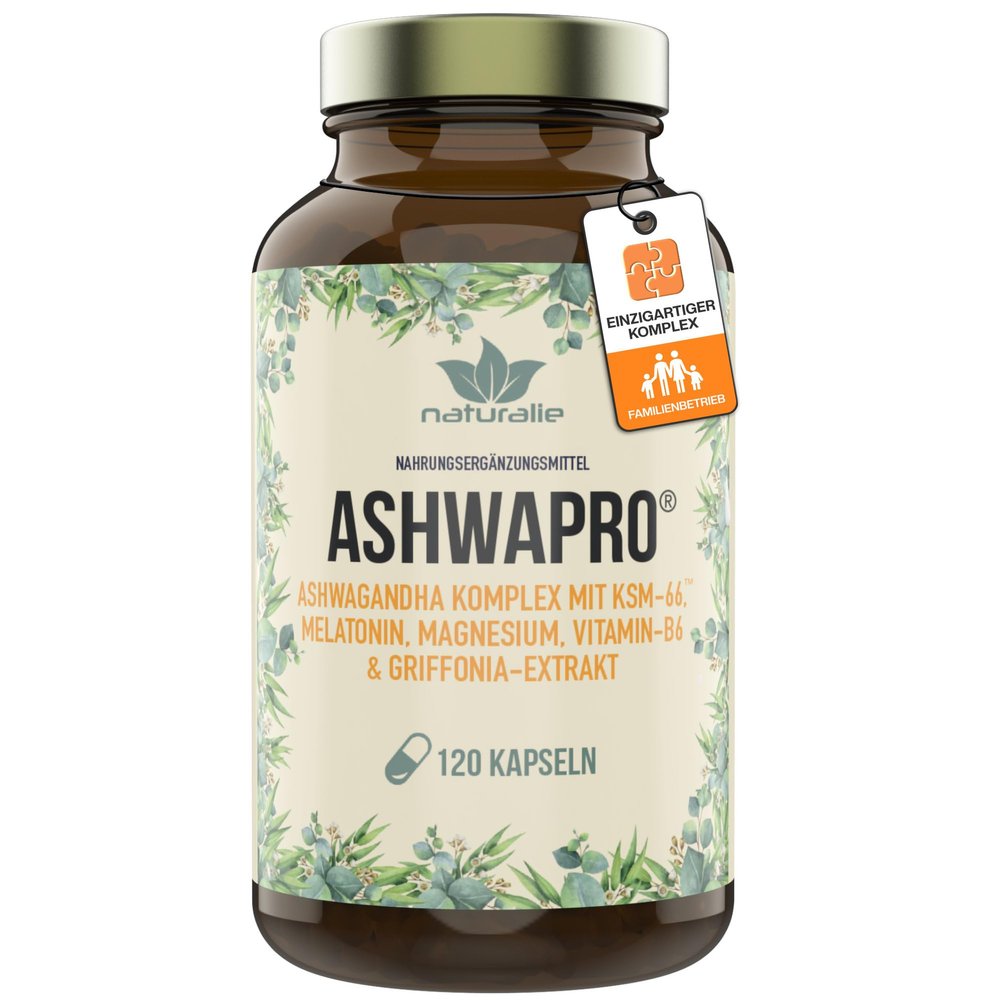 ASHWAPRO by naturalie | High-Dose Ashwagandha Capsules | 5-Fold Complex | 120 Capsules in a Glass Jar | Independently Lab-Tested | Vegan, No Unnecessary Additives