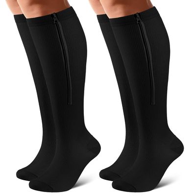 Zippered Compression Socks, Closed Toe, 15–20 mmHg, Knee-High, 2 Pairs, Black, 2XL