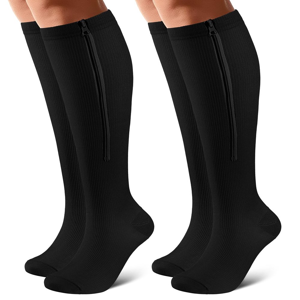 Zippered Compression Socks, Closed Toe, 15–20 mmHg, Knee-High, 2 Pairs, Black, 2XL