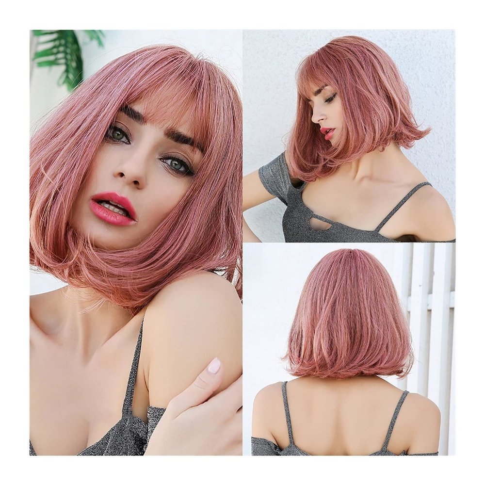 BONAD Pink Synthetic Heat-Resistant Medium-Length Straight Bob Wig with Bangs, 14-Inch Shoulder-Length Cosplay Wig for Women