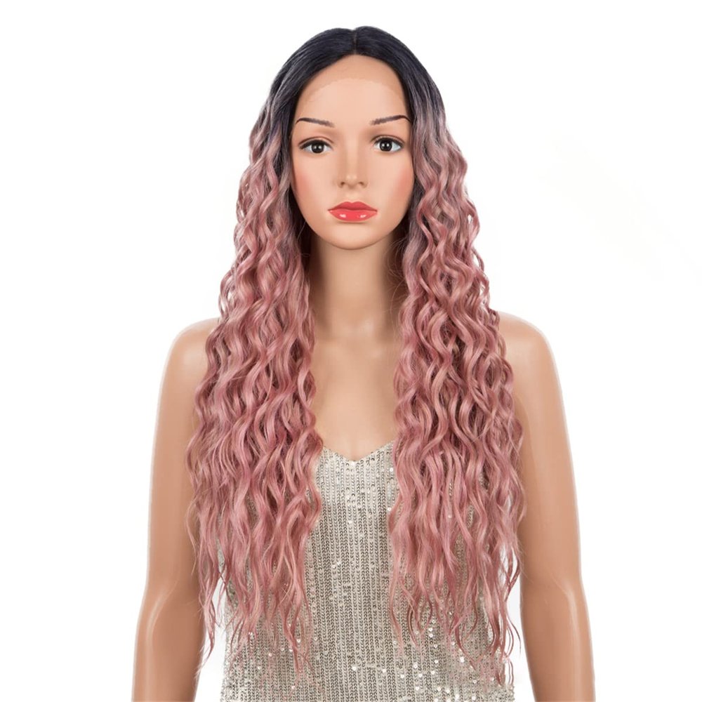 Lace Front Wig, Body Wave Synthetic Wig, Ombre Blonde/Black/Purple, Loose Curly Wave, Heat-Resistant, C, 30 Inch