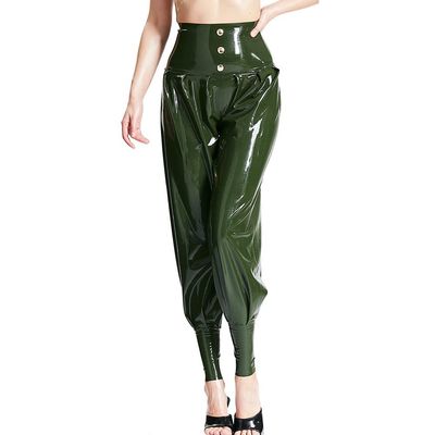 Olive Green Sexy Latex Jogger Pants with Buttons and Decorative Details