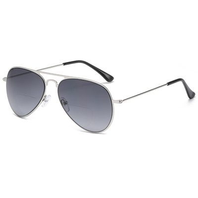 Lanomi Pilot Bifocal Reading Glasses for Men and Women, Metal Frame, Blue-Light Filter, UV400, Silver/Grey