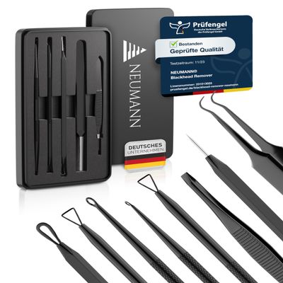 NEUMANN Blackhead Remover Set, Stainless Steel, with Loops, Tweezers and Lancet [Black]