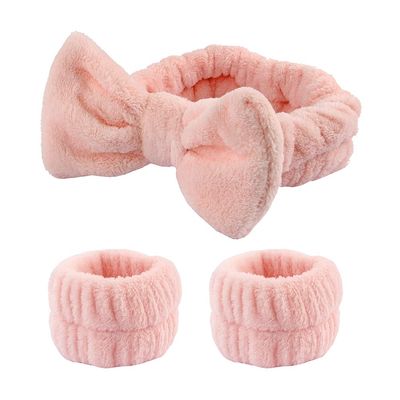 UUYYEO Spa Facial Headband Set with 2 Wristbands, Pink