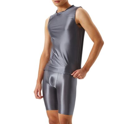 Gefomuofe Men's High-Gloss Wetlook Open Bodysuit, Sleeveless Tank Top, Black