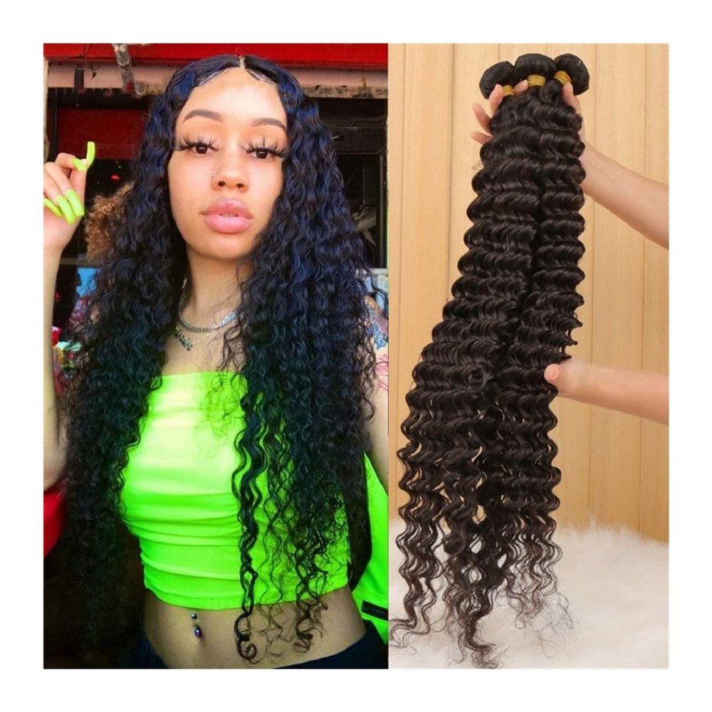 LUCBEI Brazilian Deep Wave Human Hair Bundles, 3–4 Bundles, Unprocessed (Remy Hair; Color 18/20/22/24)