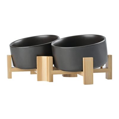 SPUNKYJUNKY 15° Tilted Ceramic Dog Bowls with Wood Stand, 850 ml, 2-Pack, Black