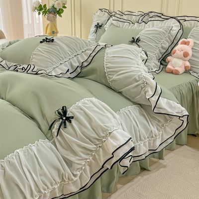 Ihoustriy Girls' 3-Piece Duvet Cover Set with Ruffles and Bow, Light Green, Comforter Not Included