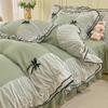 Ihoustriy Girls' 3-Piece Duvet Cover Set with Ruffles and Bow, Light Green, Comforter Not Included view 1