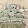 Ihoustriy Girls' 3-Piece Duvet Cover Set with Ruffles and Bow, Light Green, Comforter Not Included view 2