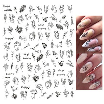 Nail Art Decals with Abstract Black Lines, Female Faces, Leaves and Flowers, Wg253