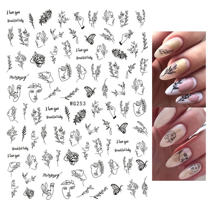 Nail Art Decals with Abstract Black Lines, Female Faces, Leaves and Flowers, Wg253