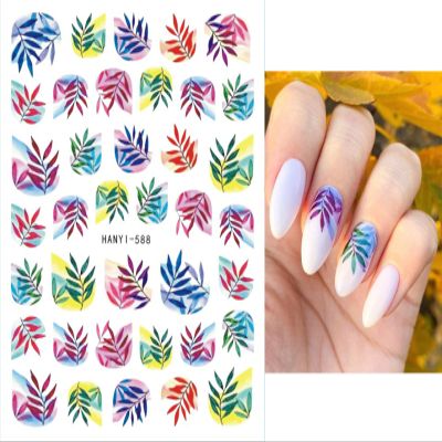 Nail Art Decals Tropical Palm Leaves, Frangipani Flowers and Flamingo, Back-Glue Nail Stickers, Han588