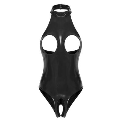 Runhomal Women's Black Wetlook Patent Leather Open-Bust Thong Bodysuit, XXL