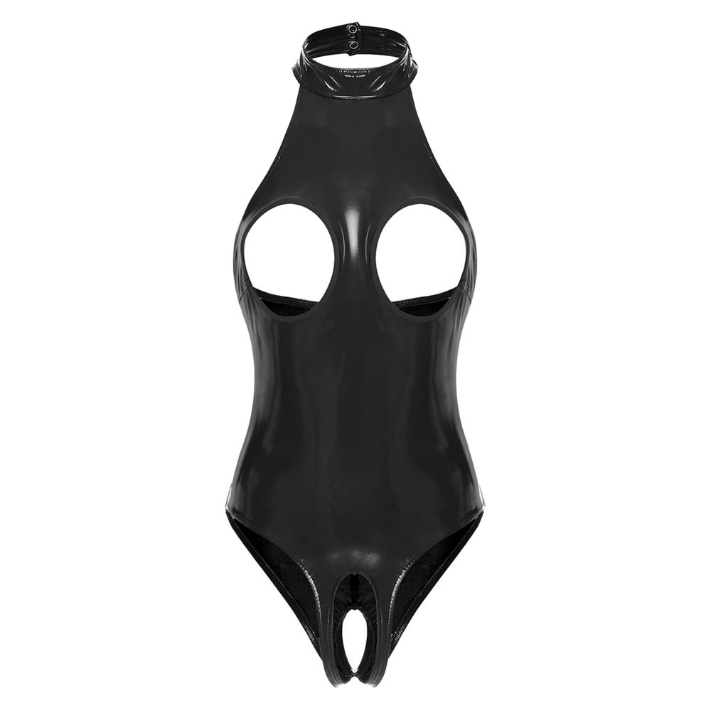 Runhomal Women's Black Wetlook Patent Leather Open-Bust Thong Bodysuit, XXL