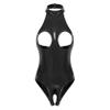 Runhomal Women's Black Wetlook Patent Leather Open-Bust Thong Bodysuit, XXL view 1