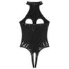 Runhomal Women's Black Wetlook Patent Leather Open-Bust Thong Bodysuit, XXL view 4