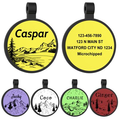 Personalized Dog Tag - GISUERY Silent Silicone Tag with Double-Sided Engraving, 5 Colors, 2 Split Rings (Mountain)