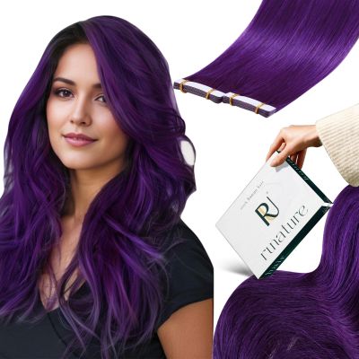 RUNATURE Remy Human Hair Tape-In Extensions, Purple, 50 cm, 10 pcs, 25 g, #Purple