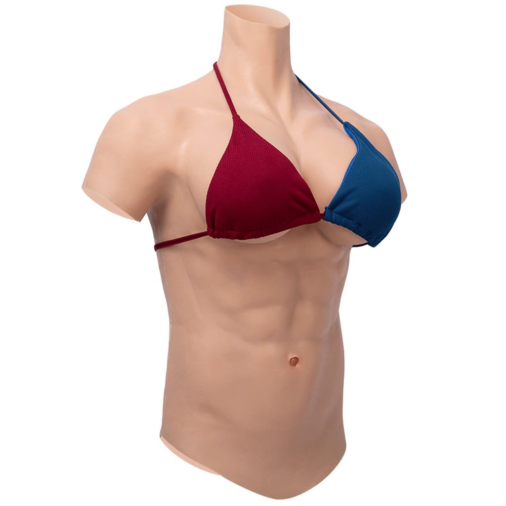 PROPFE Silicone Muscle Bodysuit Breastplate, Male Abdominal Chest Plate, F Cup, Fake Breasts for Cross-Dressers, Cotton/Silicone-Filled