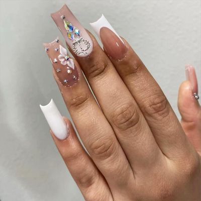 24 Medium-Length Pink and White Press-On Nails with Floral, Rhinestone & Crown Designs
