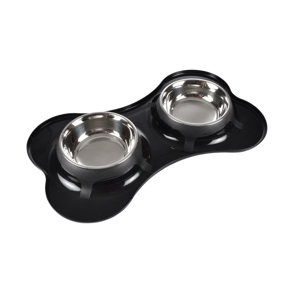 Love Story Double Stainless Steel Bowl with Plastic Holder, Bone-Shaped, Ø14/9 cm, 45 x 27 cm, Black