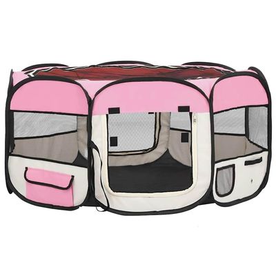 Bussandri Exclusive Foldable Dog Playpen with Carrying Bag, 145 x 145 x 61 cm, Pink