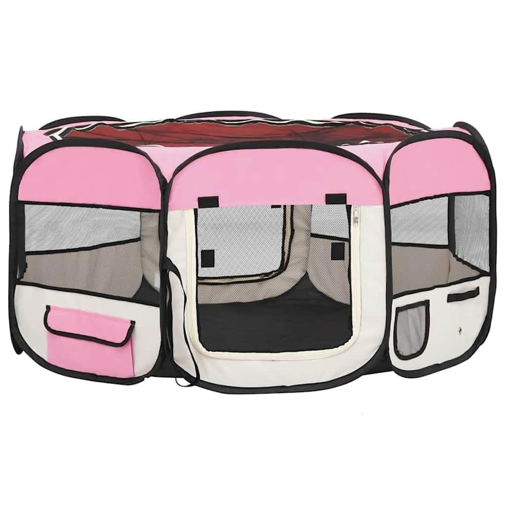 Bussandri Exclusive Foldable Dog Playpen with Carrying Bag, 145 x 145 x 61 cm, Pink