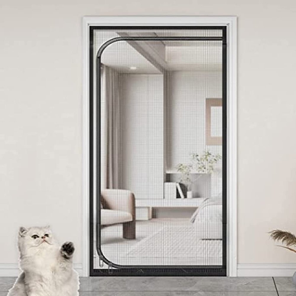 Cat Fly Screen Door, Straight Zipper Mesh Curtain, 100 x 220 cm, Black