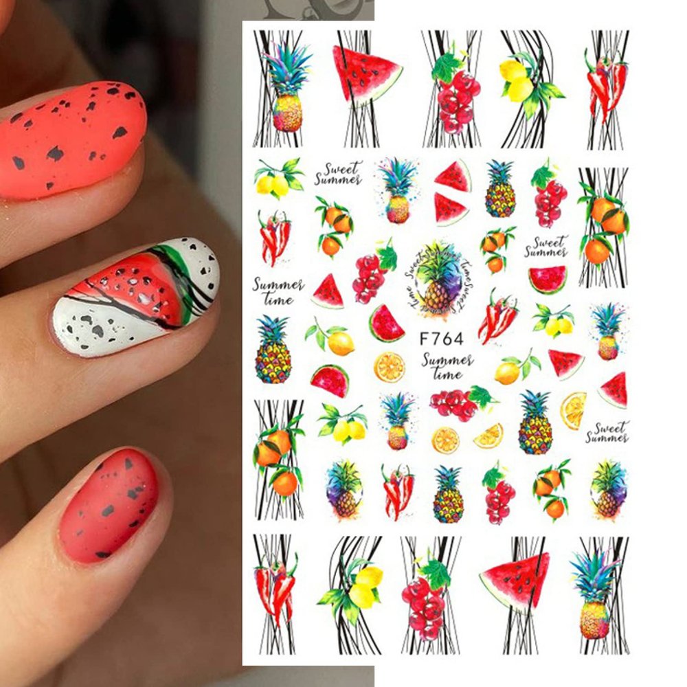 Self-Adhesive Nail Stickers, Summer Fruit Nail Art Decals, Kiwi, Coconut, Papaya, Melon and Banana, F764