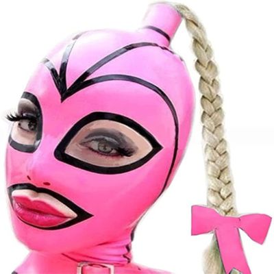SALANSEX Pink Latex Full-Face Hood with Braids, Bows and Zipper