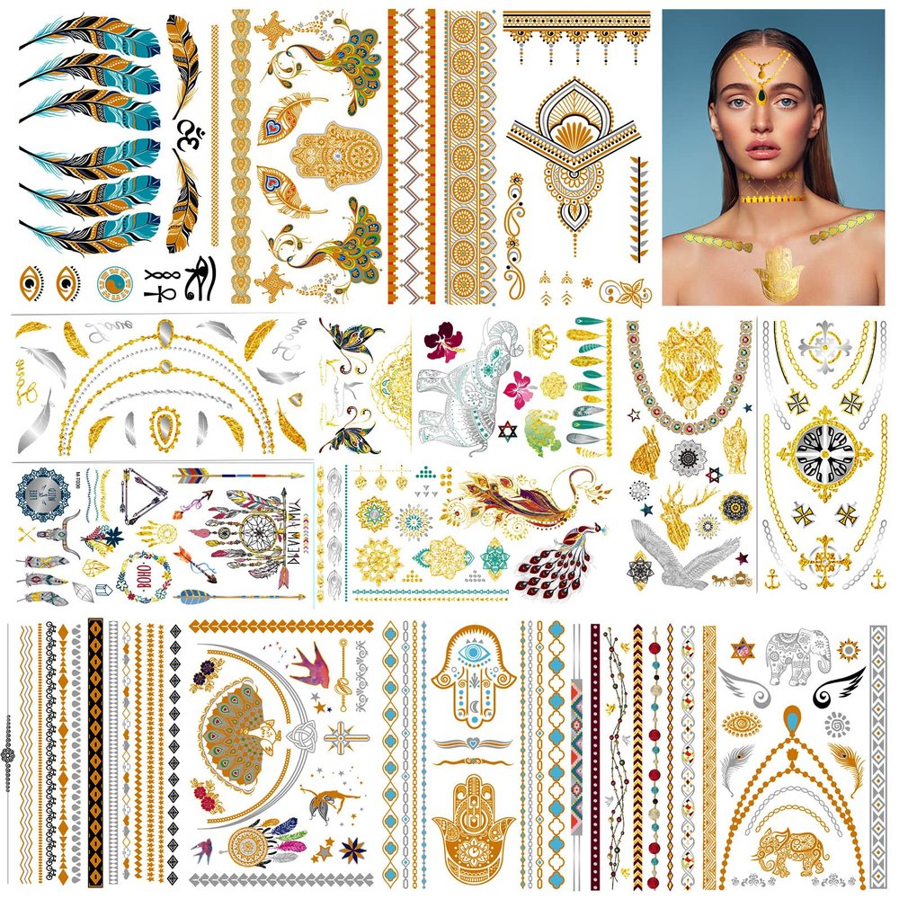 URAQT Metallic Tattoos, 14 Waterproof Sheets of Temporary Tattoo Paper