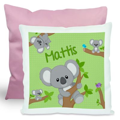 CreaDesign Personalized Children's Cushion 40 x 40 cm with Name, Feather Filling, Koala Boy Motif, Pink Back