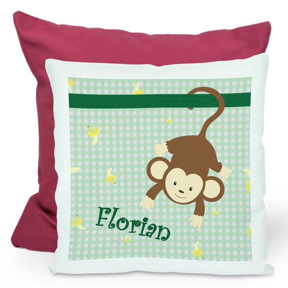 CreaDesign Children's Pillow 40 x 40 cm, Personalized with Name, Green Monkey Design, Purple Back